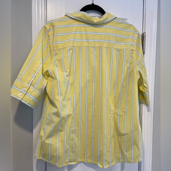 L.L. Bean Size XL Yellow Turquoise Stripe Short Sleeve Cotton Button Down Shirt - Picture 11 of 12